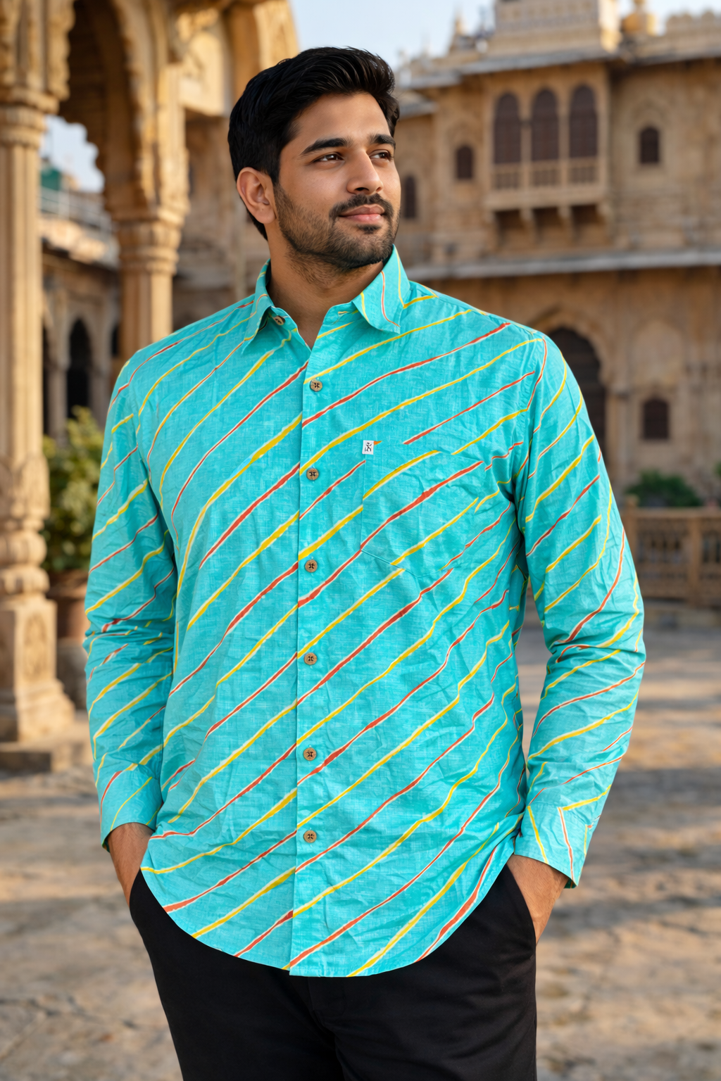 Sky Blue Leheriya Striped Full Sleeves Cotton Shirt for Men