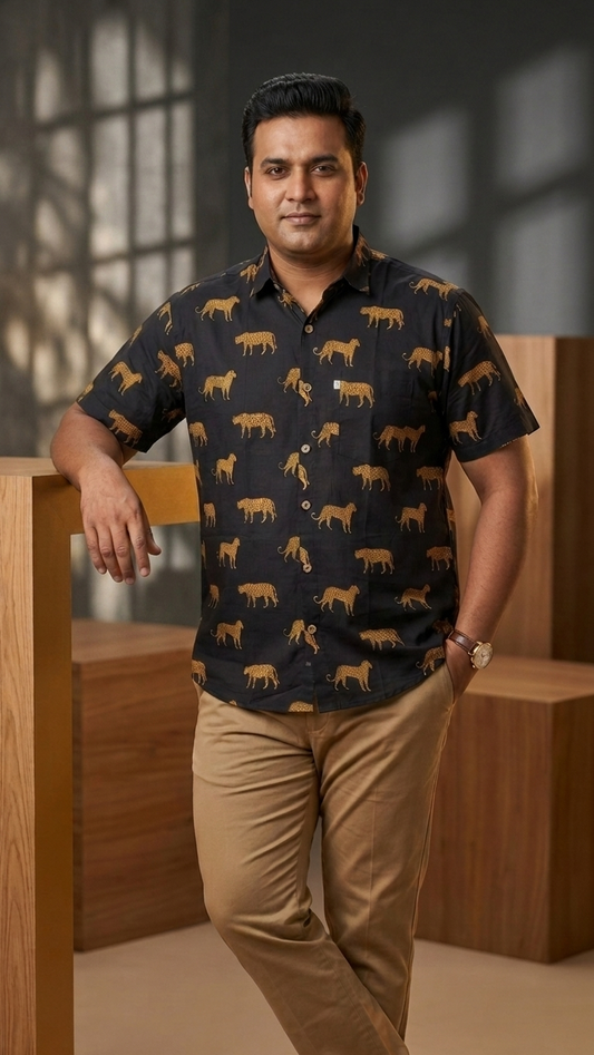 Black Cheetah Motif Printed Plus Size Half Sleeves Cotton Shirt for Men