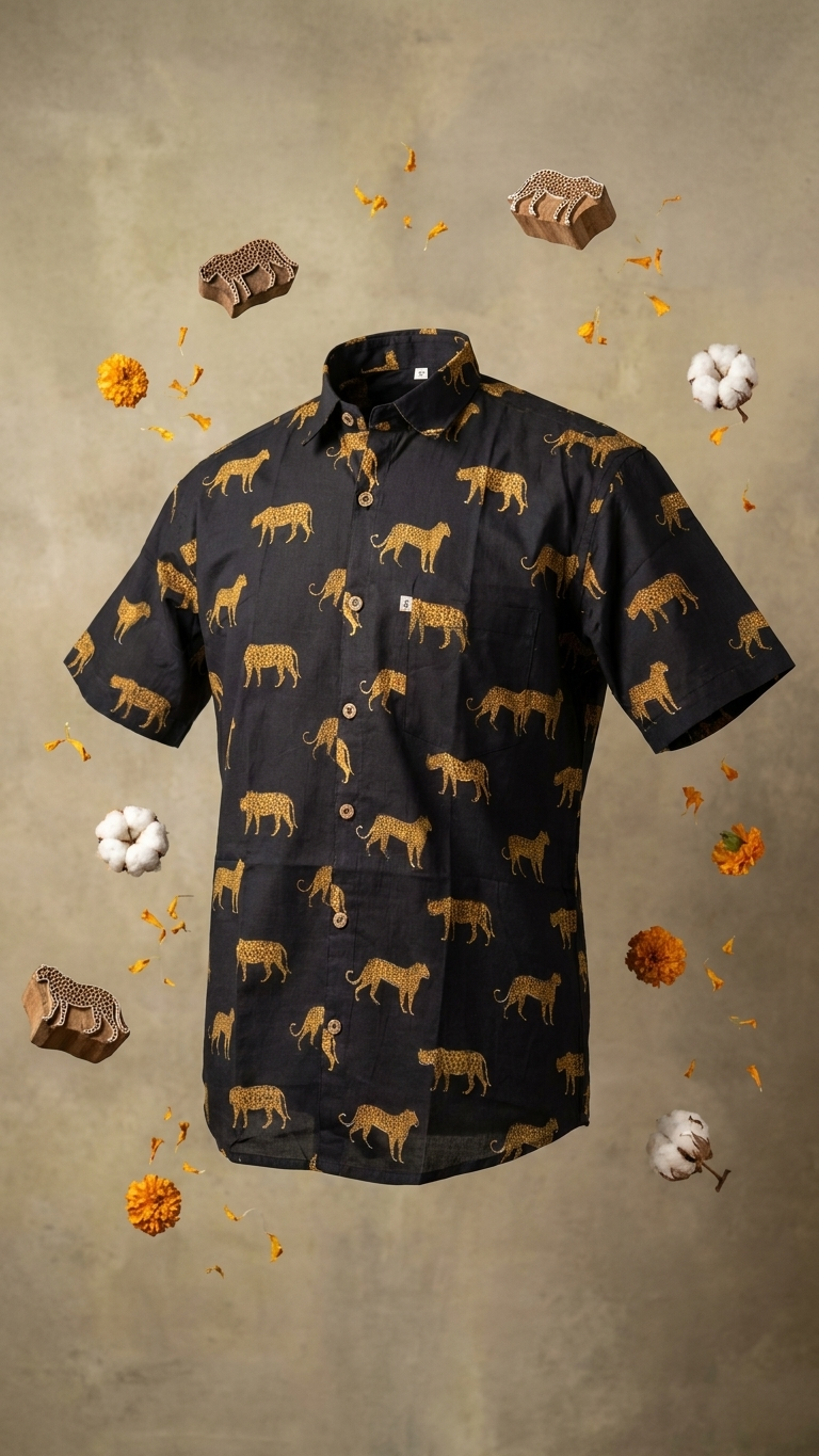 Black Cheetah Motif Printed Plus Size Half Sleeves Cotton Shirt for Men