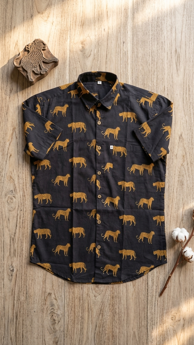 Black Cheetah Motif Printed Plus Size Half Sleeves Cotton Shirt for Men