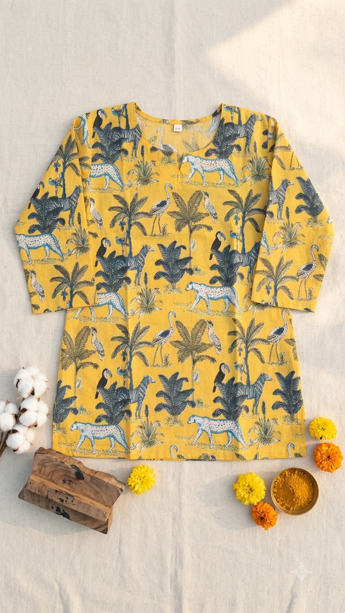 Yellow Jungle Print 3/4 Sleeves Cotton Short Kurti Top for Women