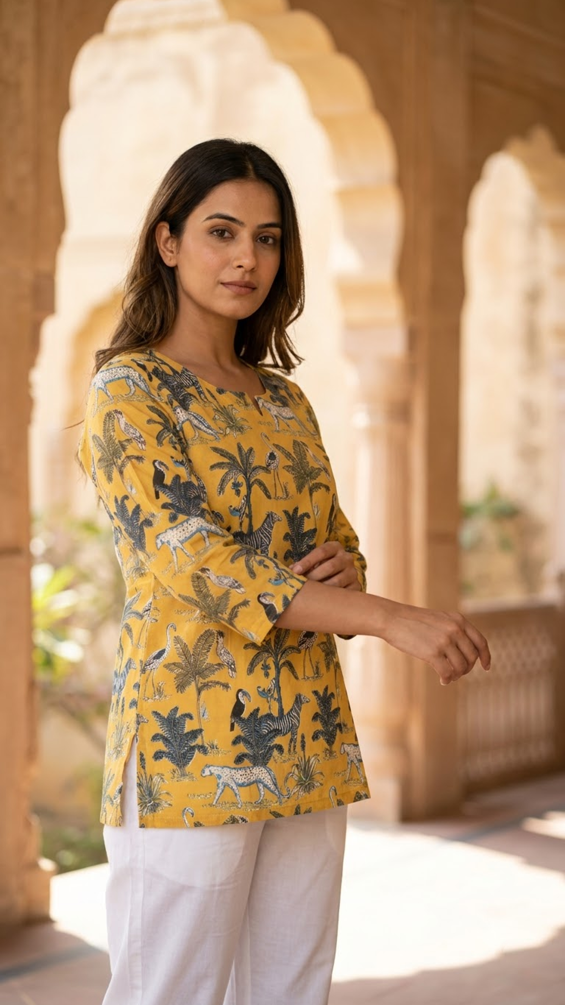 Yellow Jungle Print 3/4 Sleeves Cotton Short Kurti Top for Women