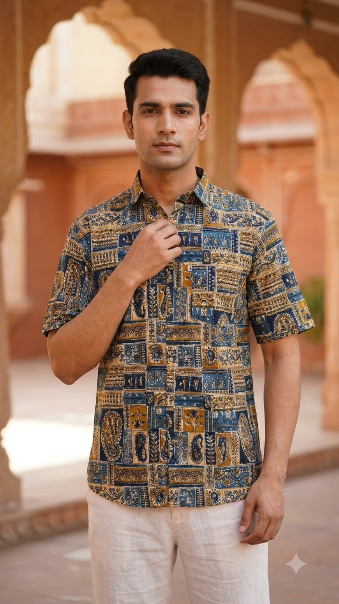 Plus Size Patchwork Green Blue Printed Mens Half Sleeves Shirt