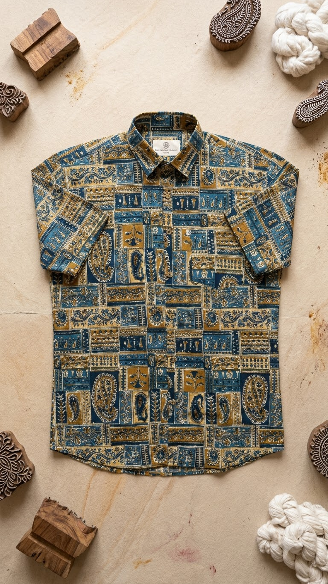 Plus Size Patchwork Green Blue Printed Mens Half Sleeves Shirt