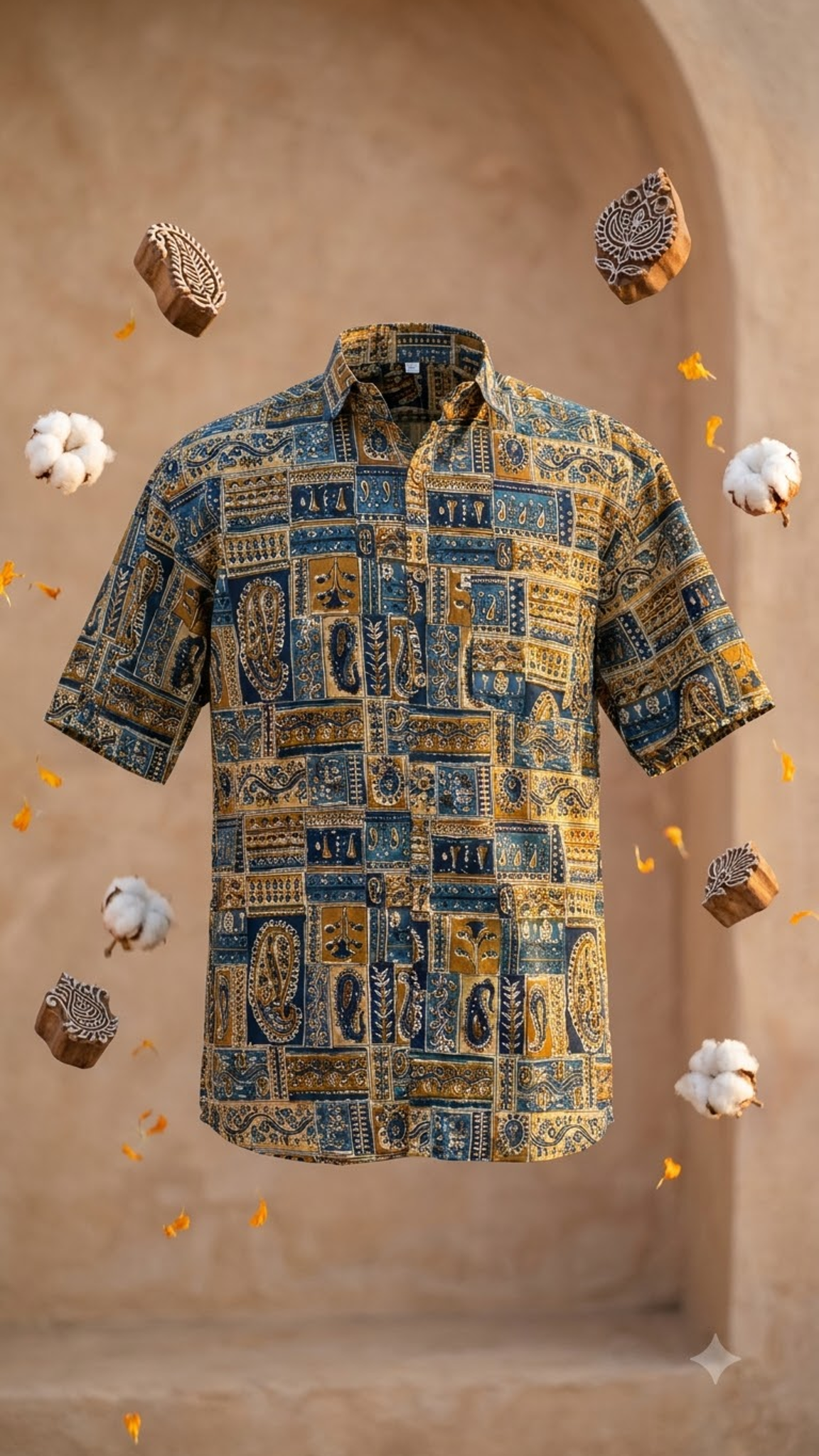 Plus Size Patchwork Green Blue Printed Mens Half Sleeves Shirt