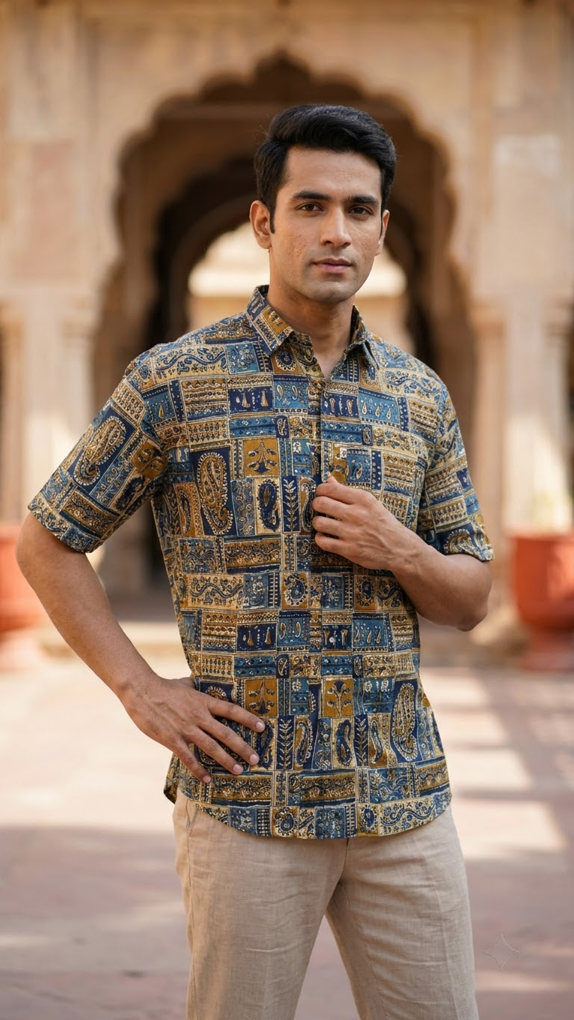 Plus Size Patchwork Green Blue Printed Mens Half Sleeves Shirt