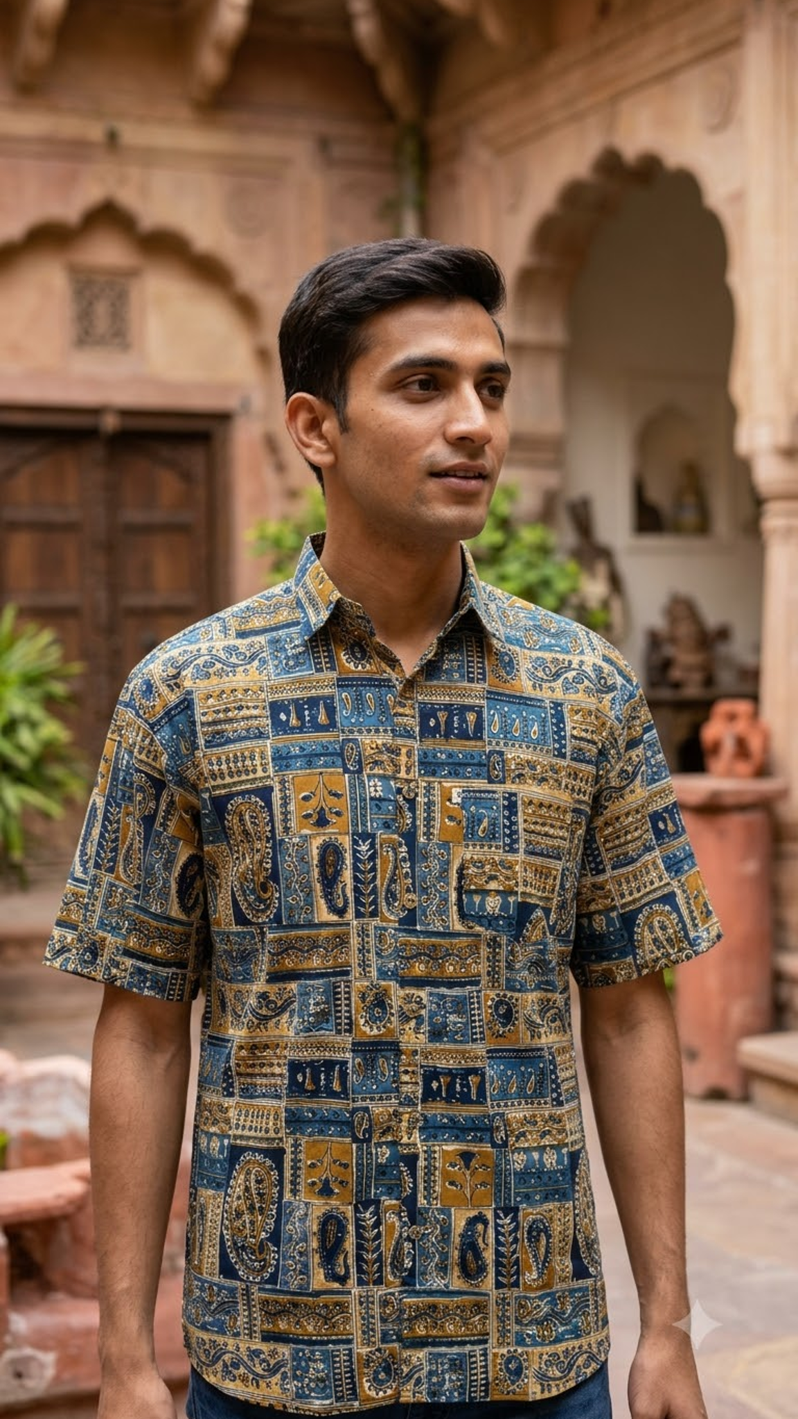 Plus Size Patchwork Green Blue Printed Mens Half Sleeves Shirt