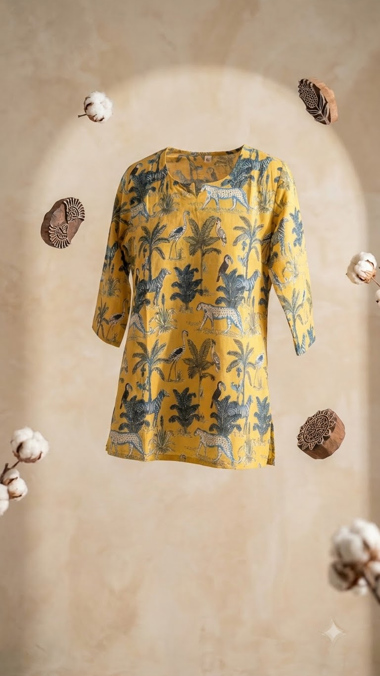 Yellow Jungle Print 3/4 Sleeves Cotton Short Kurti Top for Women