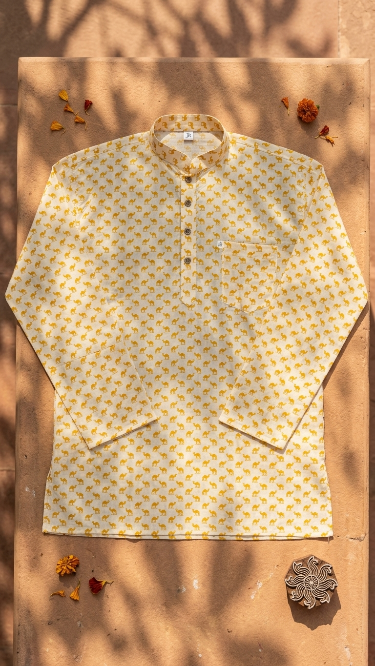 Full Sleeves Short Kurta for Men White Yellow Small Camel