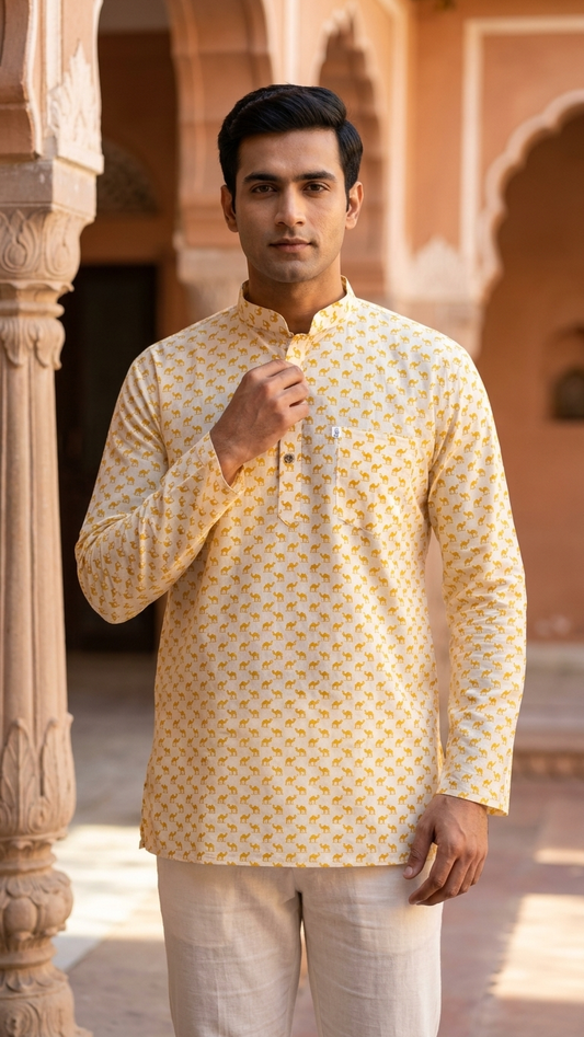 Full Sleeves Short Kurta for Men White Yellow Small Camel