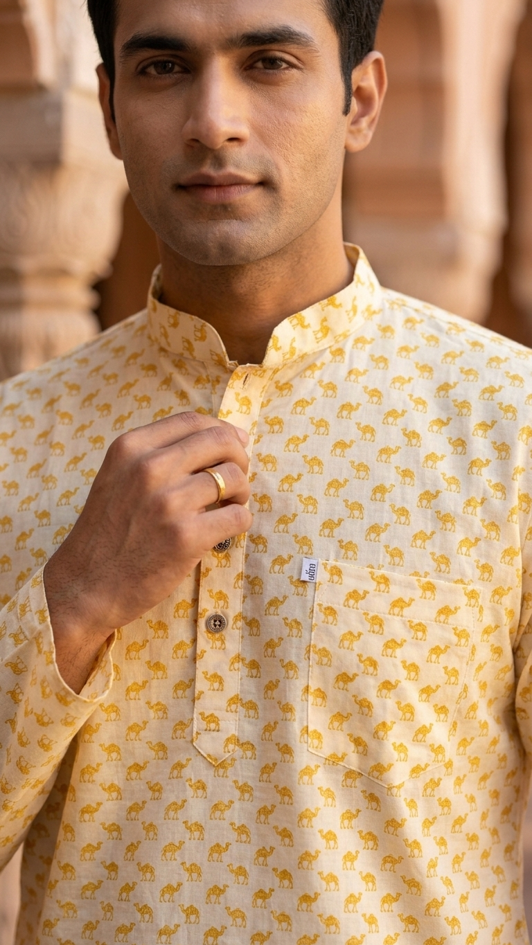 Full Sleeves Short Kurta for Men White Yellow Small Camel