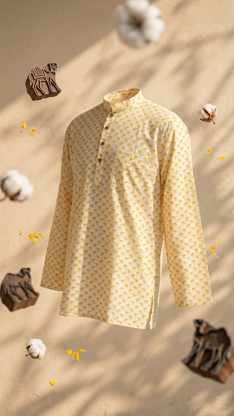 Full Sleeves Short Kurta for Men White Yellow Small Camel