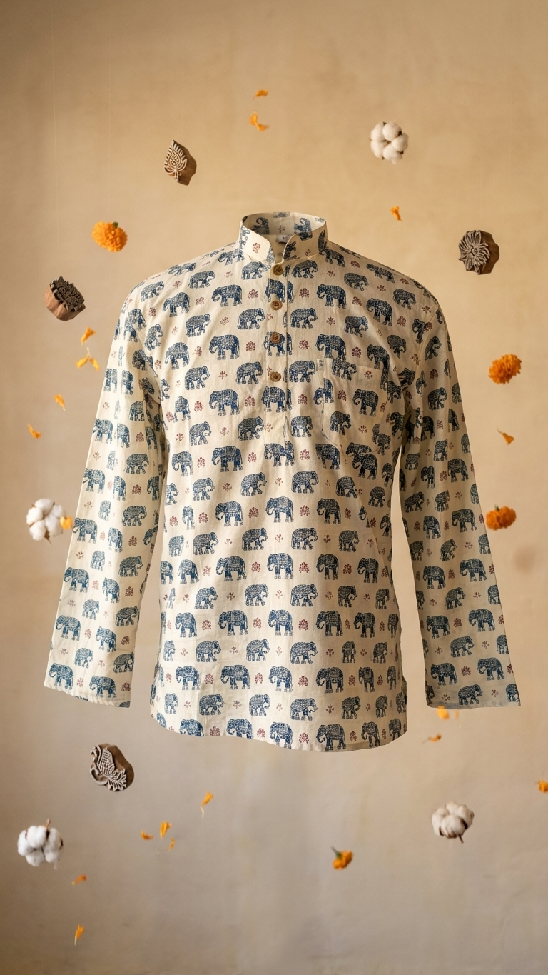 Ivory Blue Elephant Printed Full Sleeves Short Kurta for Men