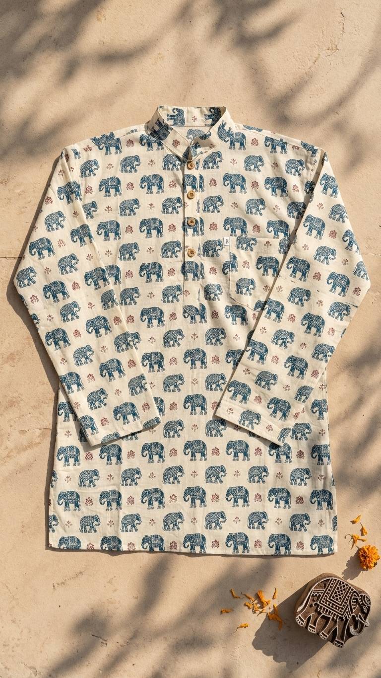 Ivory Blue Elephant Printed Full Sleeves Short Kurta for Men