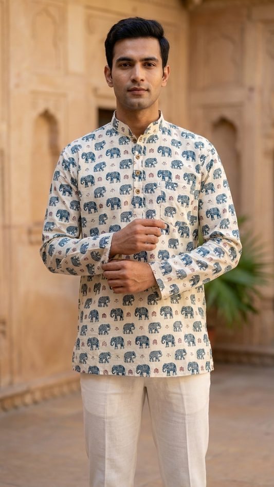 Ivory Blue Elephant Printed Full Sleeves Short Kurta for Men