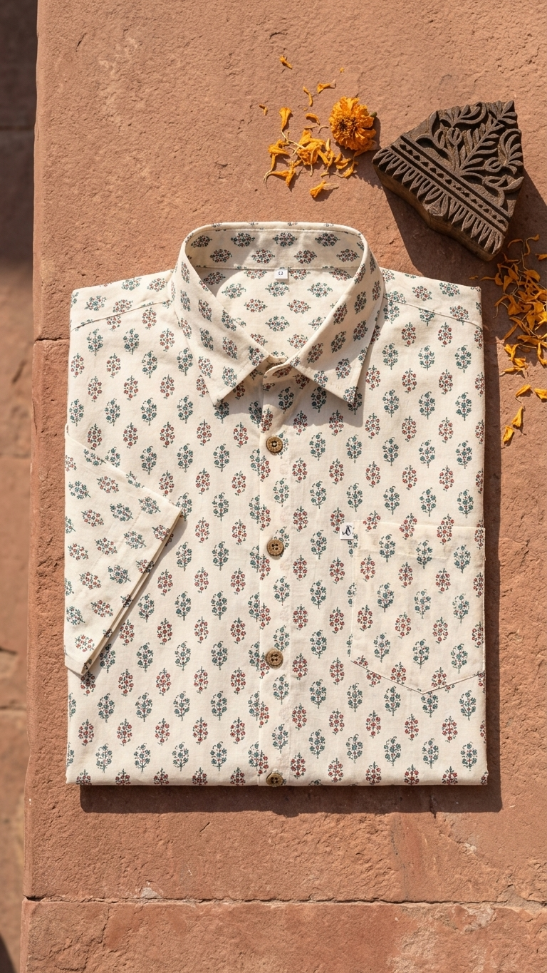 White Blue Small Booti Printed Men's Half Sleeves Cotton Shirt