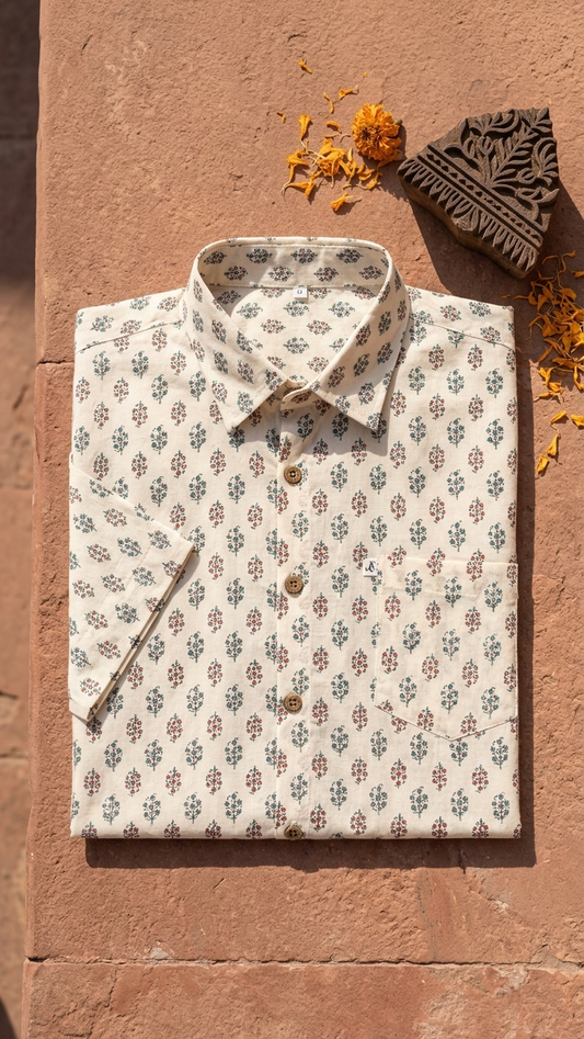 White Blue Small Booti Printed Men's Half Sleeves Cotton Shirt