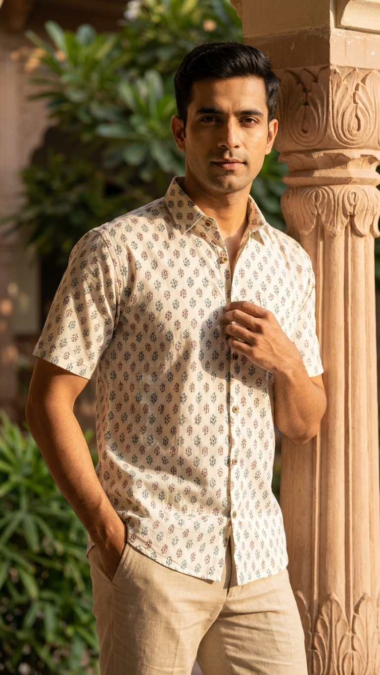 White Blue Small Booti Printed Men's Half Sleeves Cotton Shirt