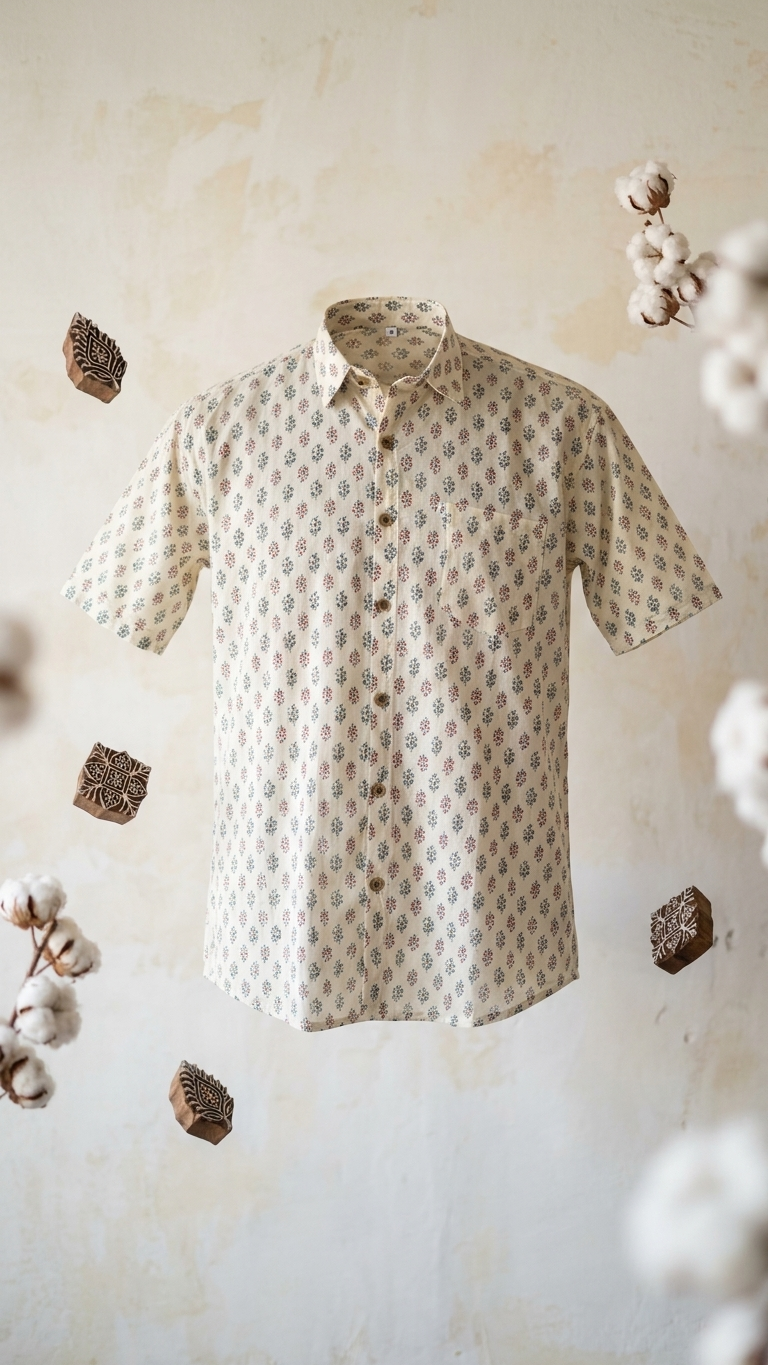 White Blue Small Booti Printed Men's Half Sleeves Cotton Shirt
