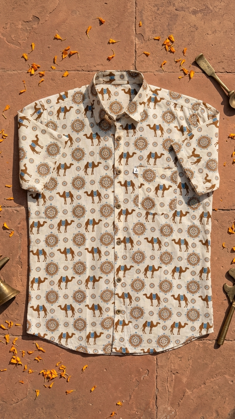 Ivory Brown Floral Camel Printed Men's Half Sleeves Cotton Shirt