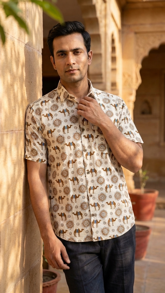 Ivory Brown Floral Camel Printed Men's Half Sleeves Cotton Shirt