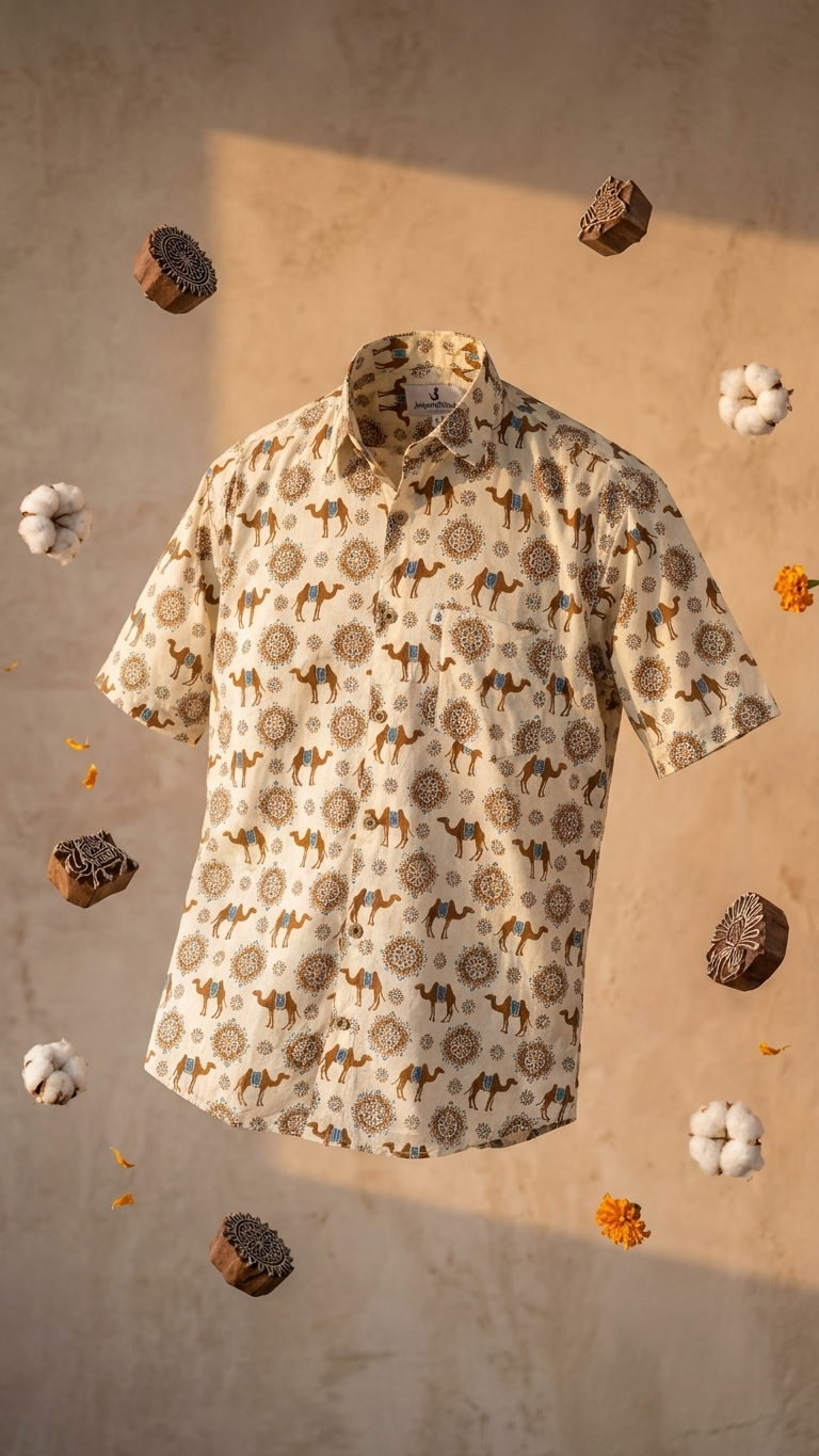 Ivory Brown Floral Camel Printed Men's Half Sleeves Cotton Shirt