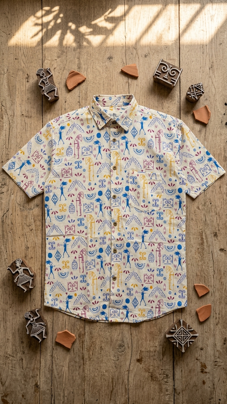 White Funky Tribal Printed Half Sleeves Cotton Shirt for Men
