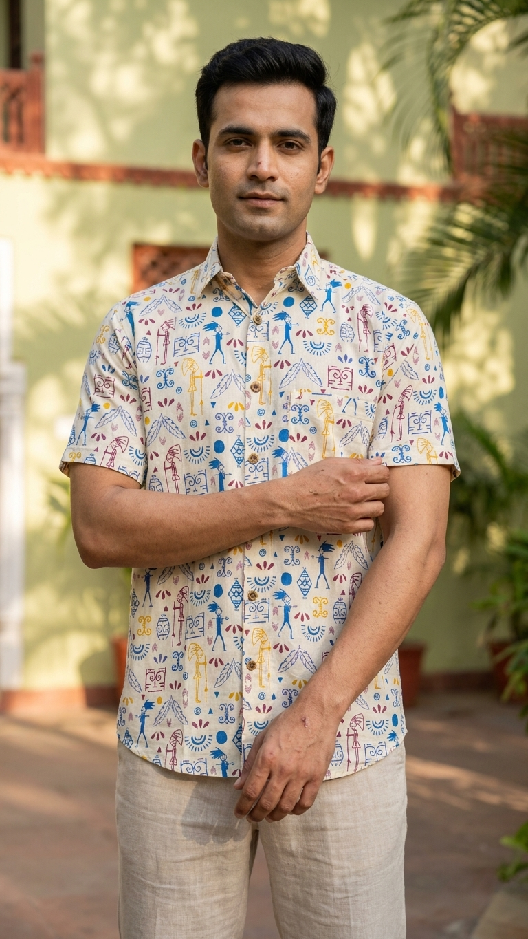 White Funky Tribal Printed Half Sleeves Cotton Shirt for Men