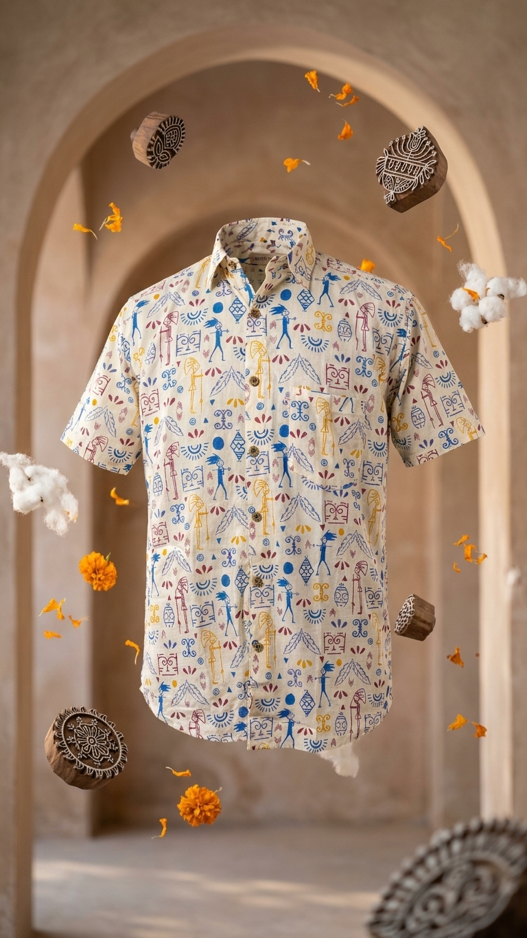 White Funky Tribal Printed Half Sleeves Cotton Shirt for Men