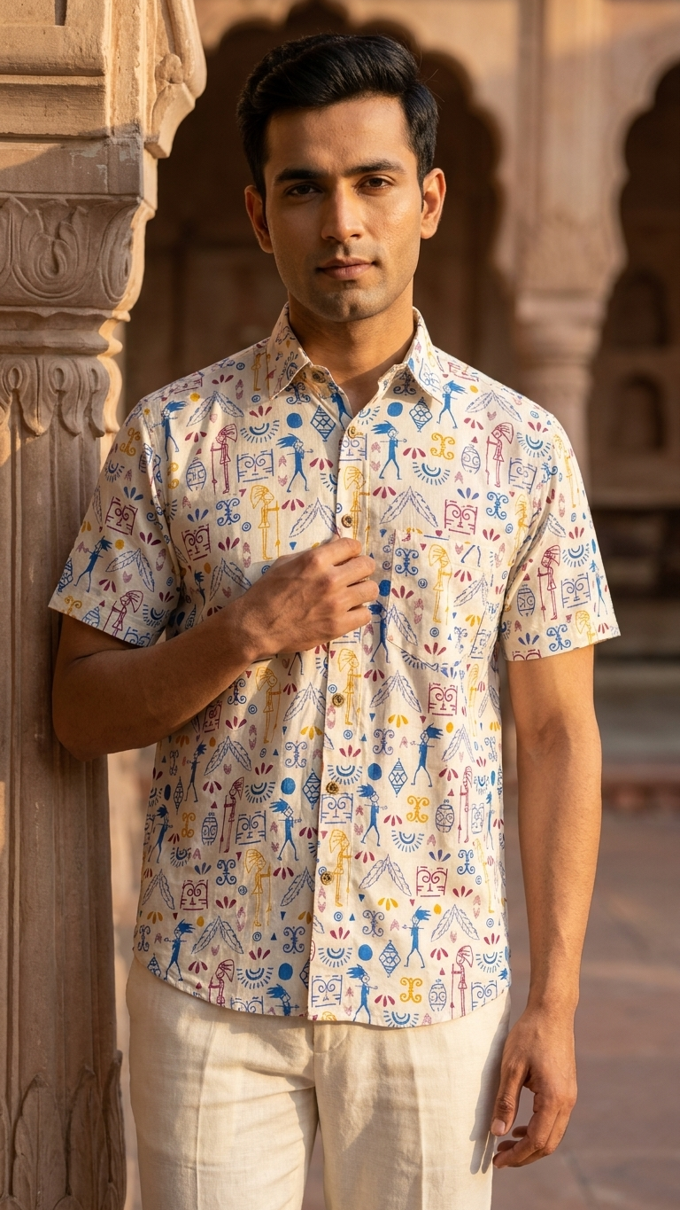 White Funky Tribal Printed Half Sleeves Cotton Shirt for Men
