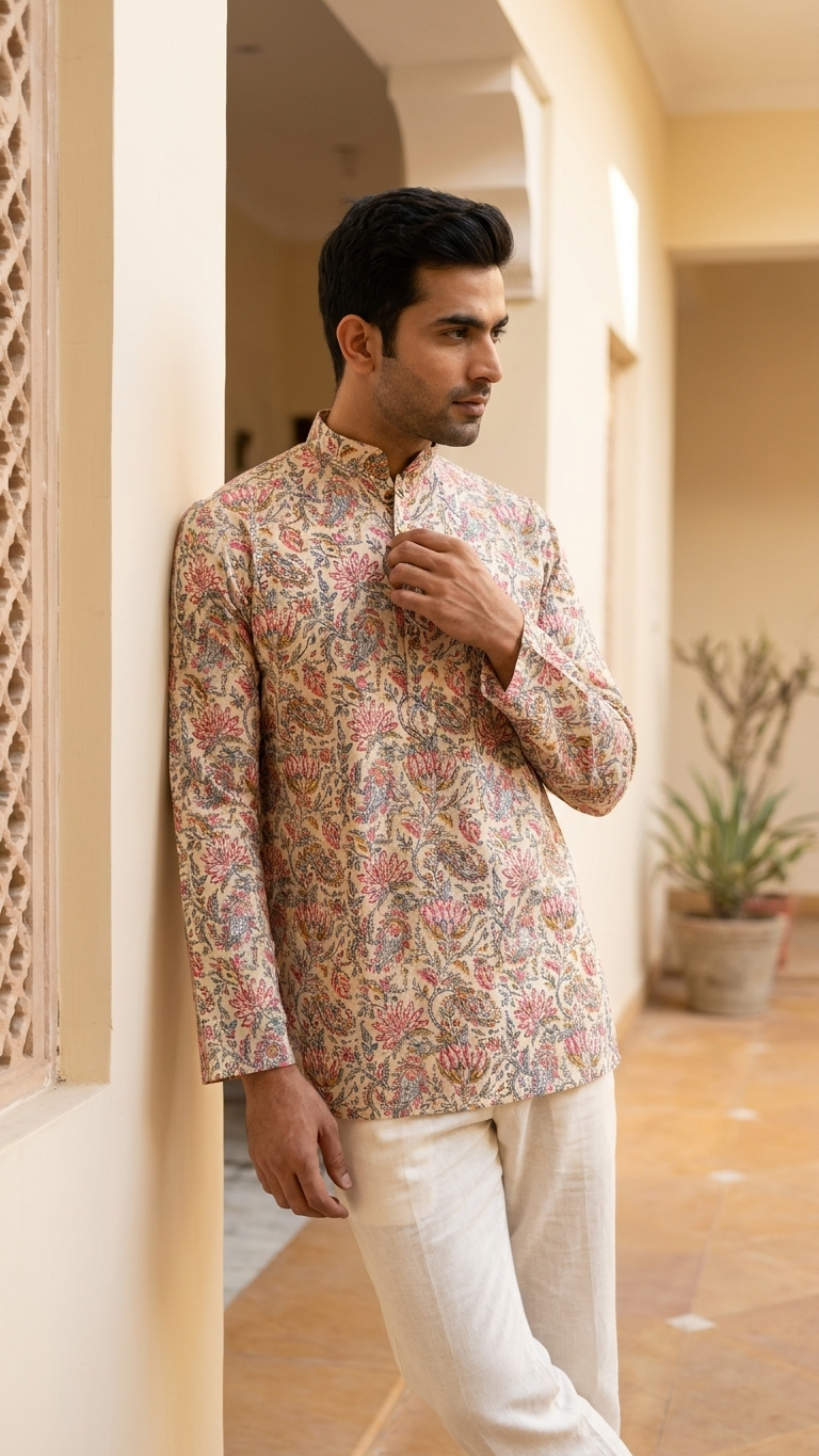 White Kalamkari Printed Full Sleeves Short Kurta for Men