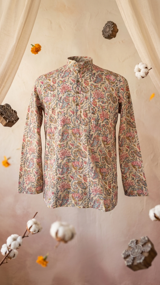 White Kalamkari Printed Full Sleeves Short Kurta for Men