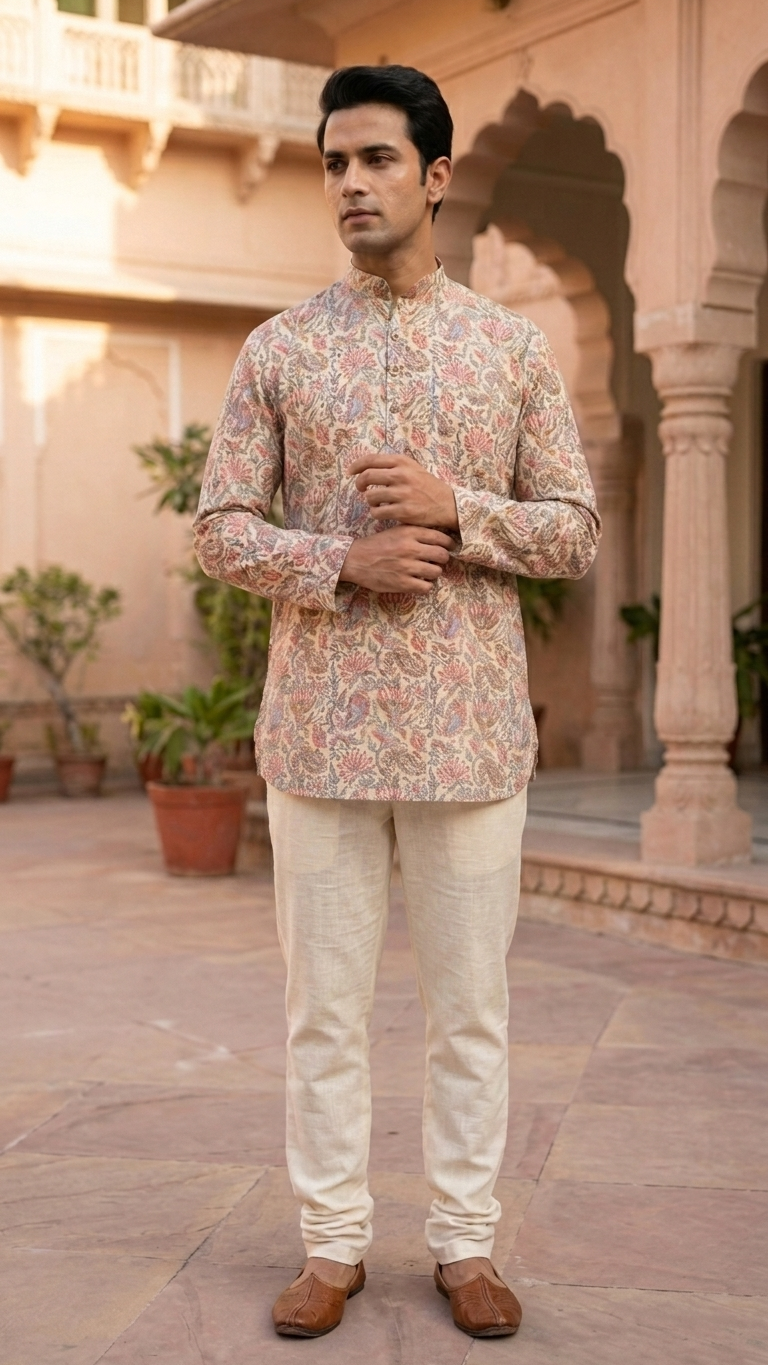 White Kalamkari Printed Full Sleeves Short Kurta for Men