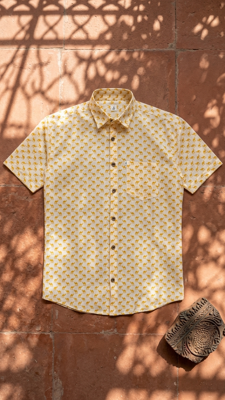 White Yellow Small Camel Printed Men's Half Sleeves Cotton Shirt