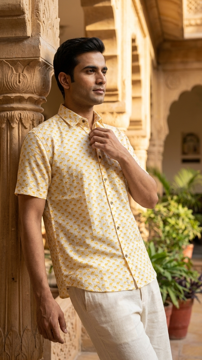 White Yellow Small Camel Printed Men's Half Sleeves Cotton Shirt