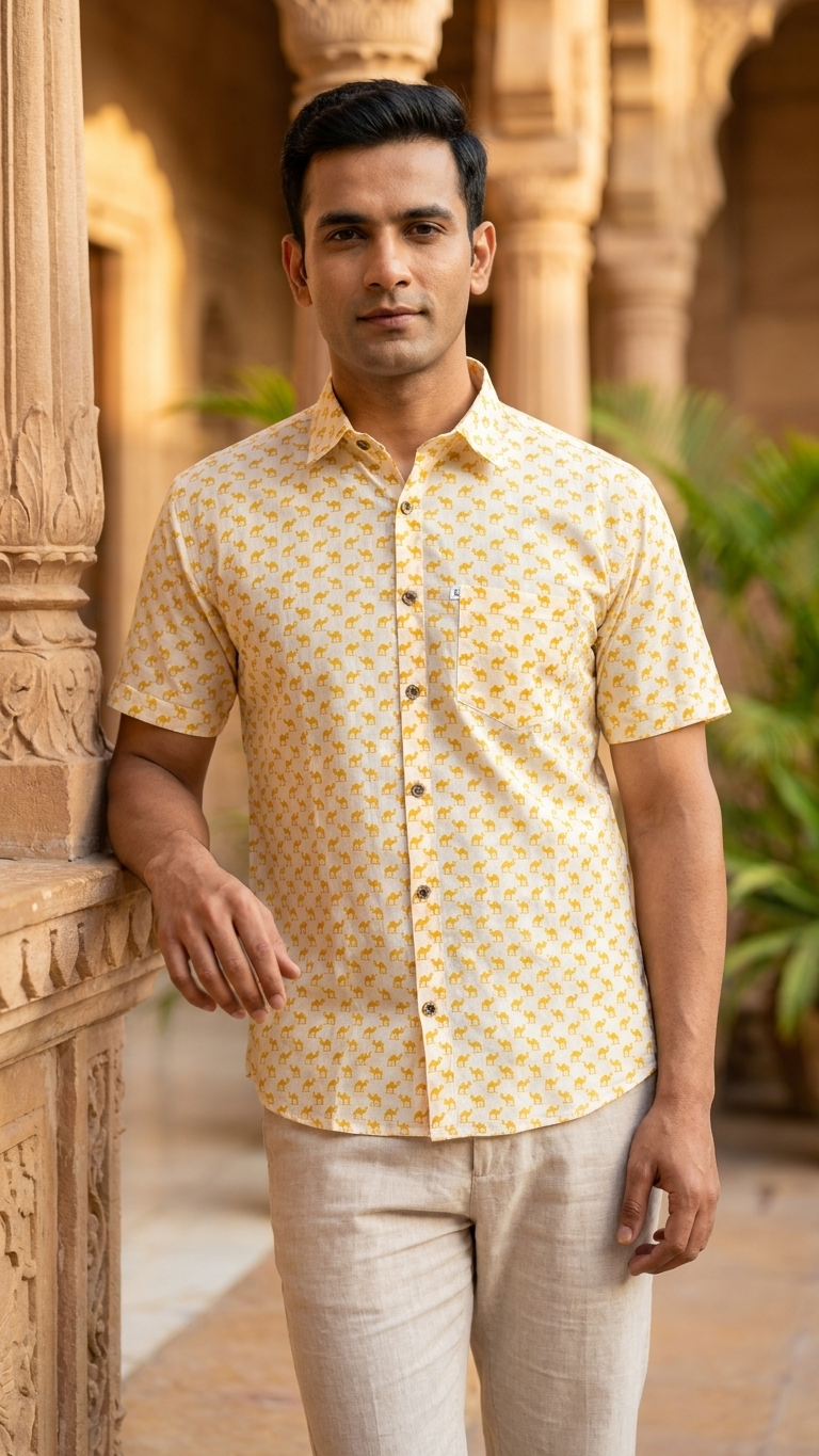 White Yellow Small Camel Printed Men's Half Sleeves Cotton Shirt