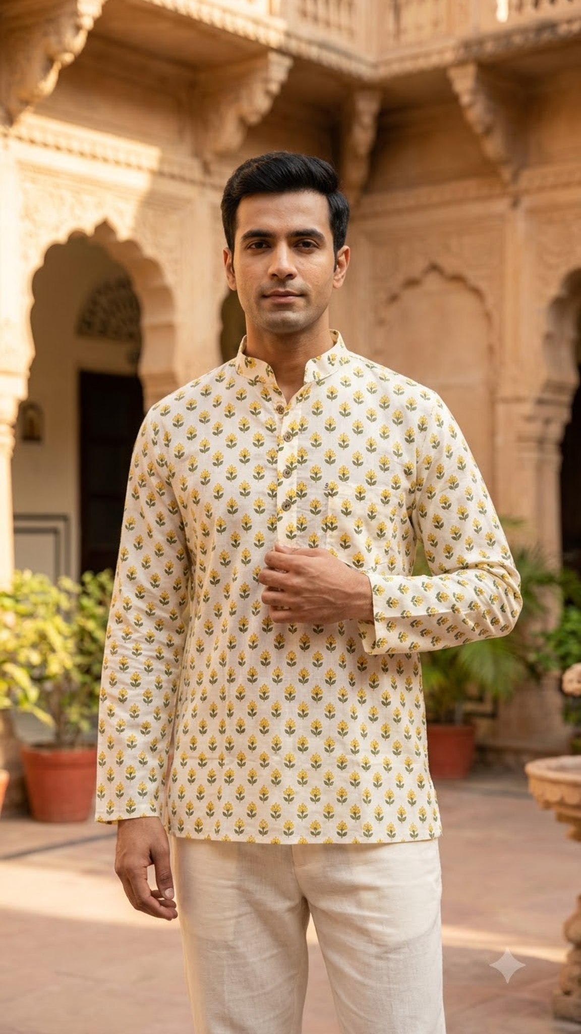 White & Yellow Floral Print Men’s Full Sleeve Short Kurta