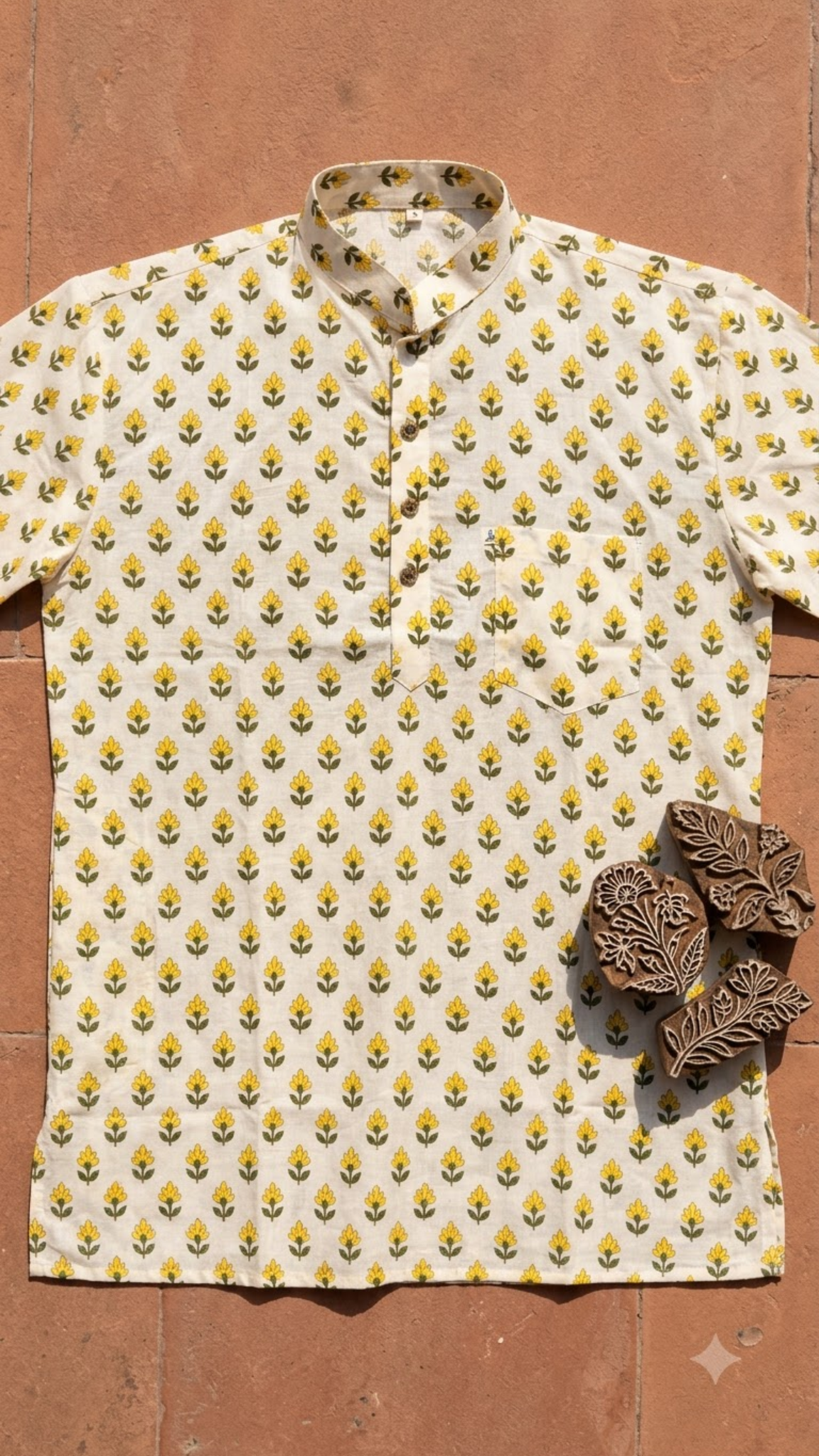 White & Yellow Floral Print Men’s Full Sleeve Short Kurta