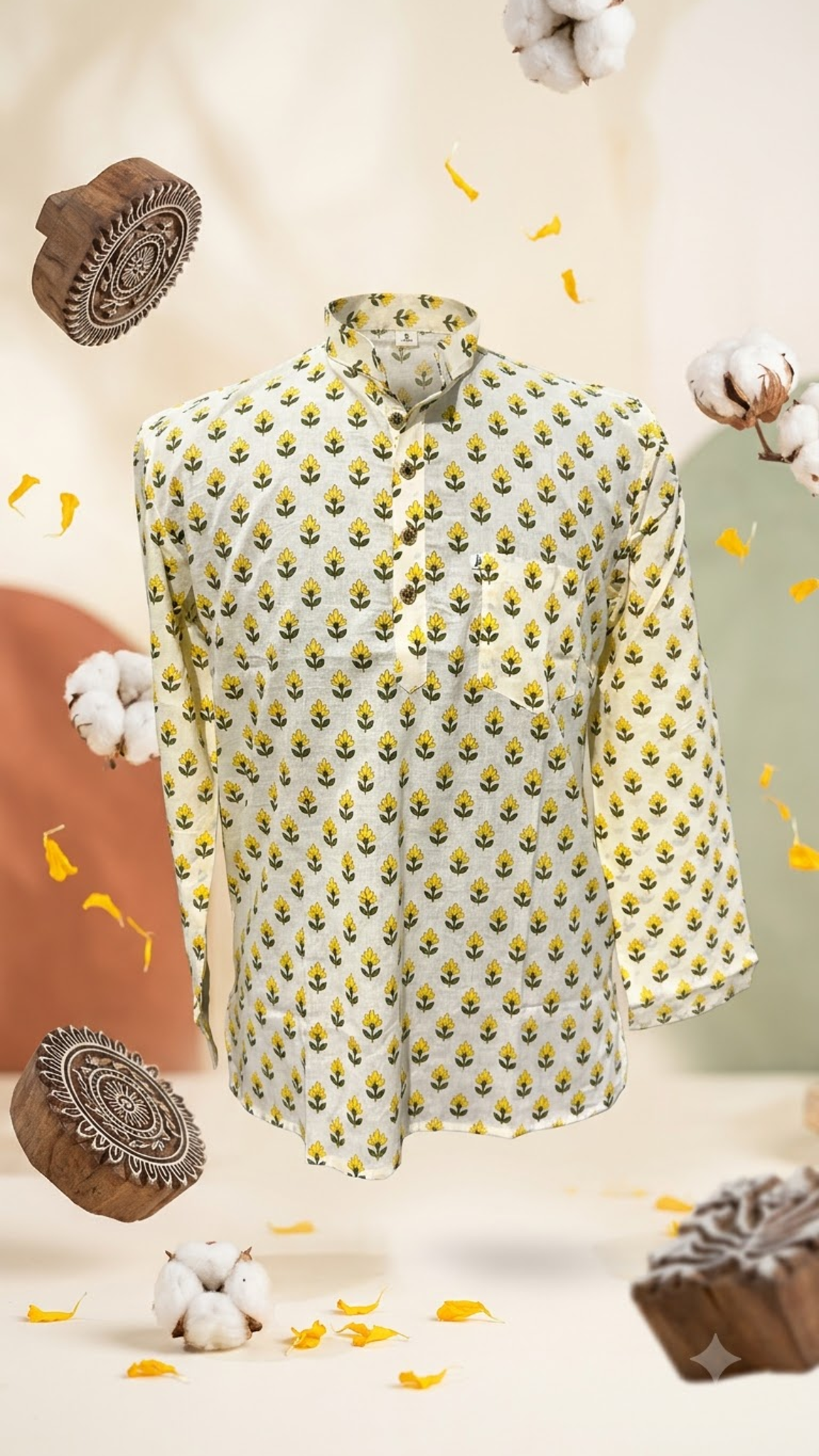 White & Yellow Floral Print Men’s Full Sleeve Short Kurta