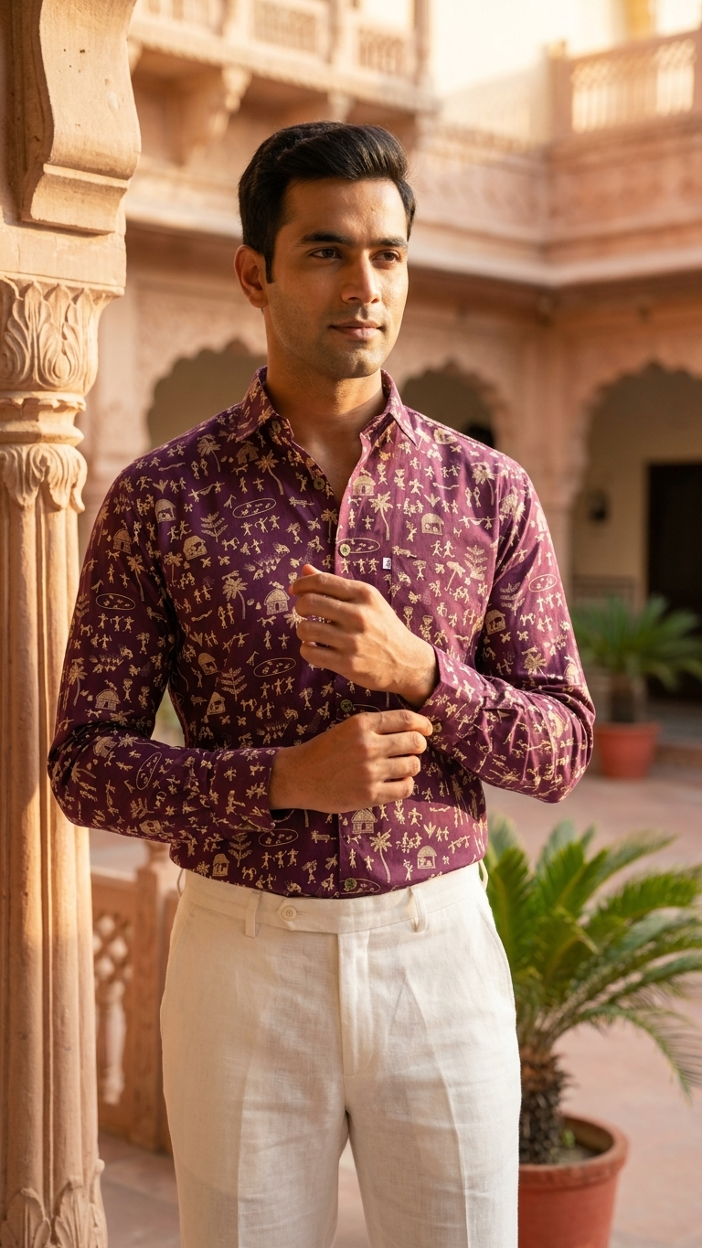 Full Sleeves Wine Purple Warli Art Printed Cotton Shirt for Men
