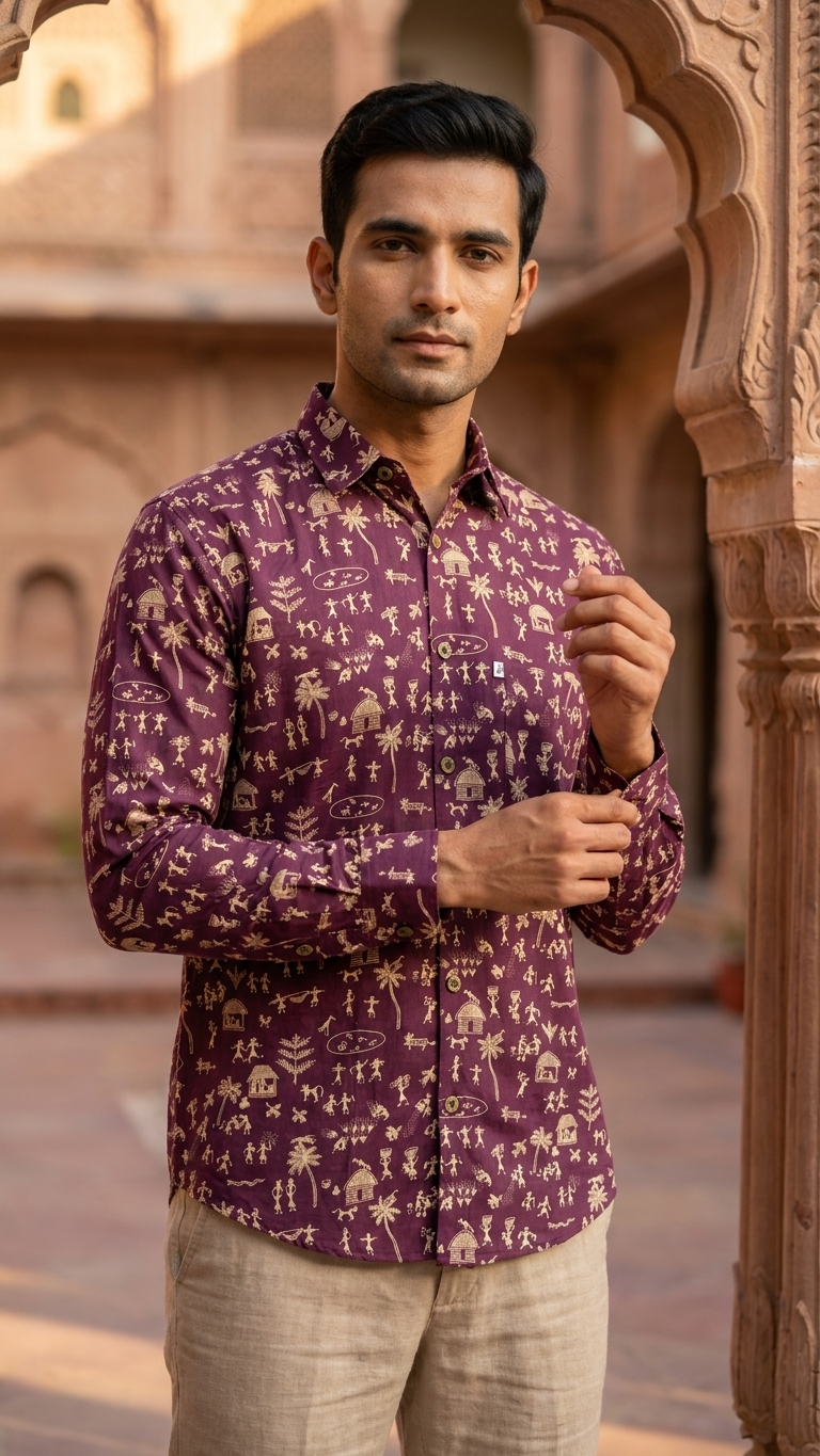 Full Sleeves Wine Purple Warli Art Printed Cotton Shirt for Men