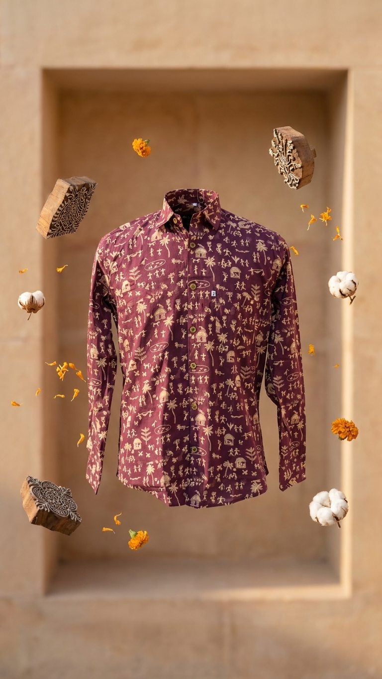 Full Sleeves Wine Purple Warli Art Printed Cotton Shirt for Men