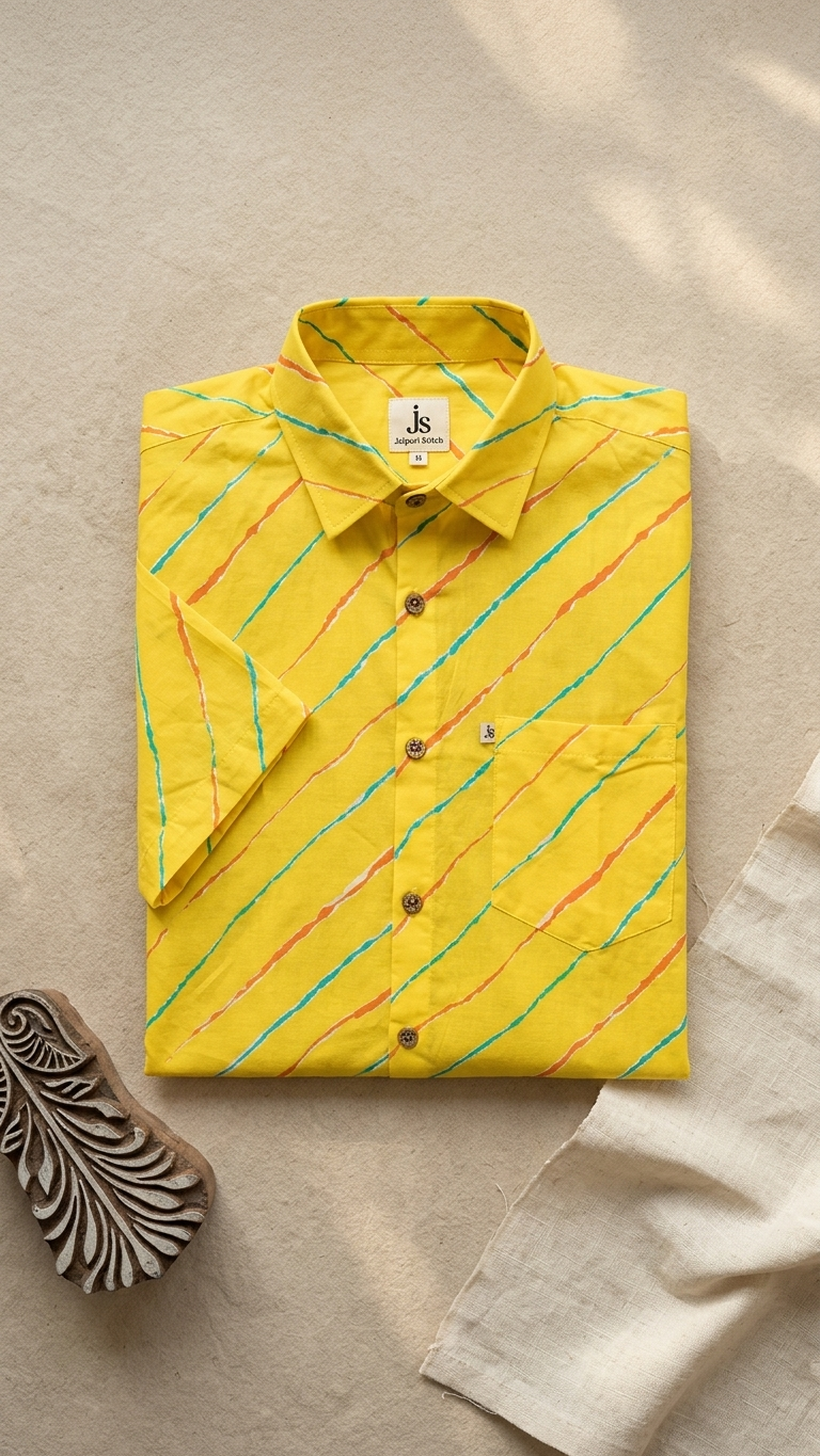 Yellow Lehariya Printed Mens Half Sleeves Cotton Shirt
