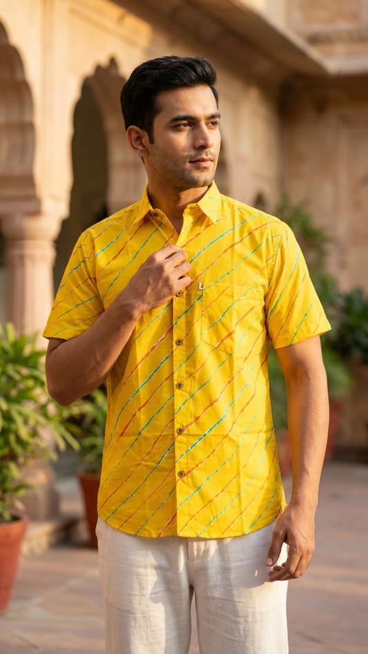Yellow Lehariya Printed Mens Half Sleeves Cotton Shirt