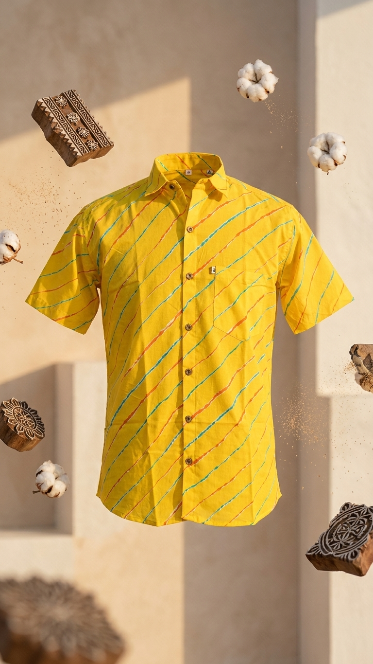Yellow Lehariya Printed Mens Half Sleeves Cotton Shirt