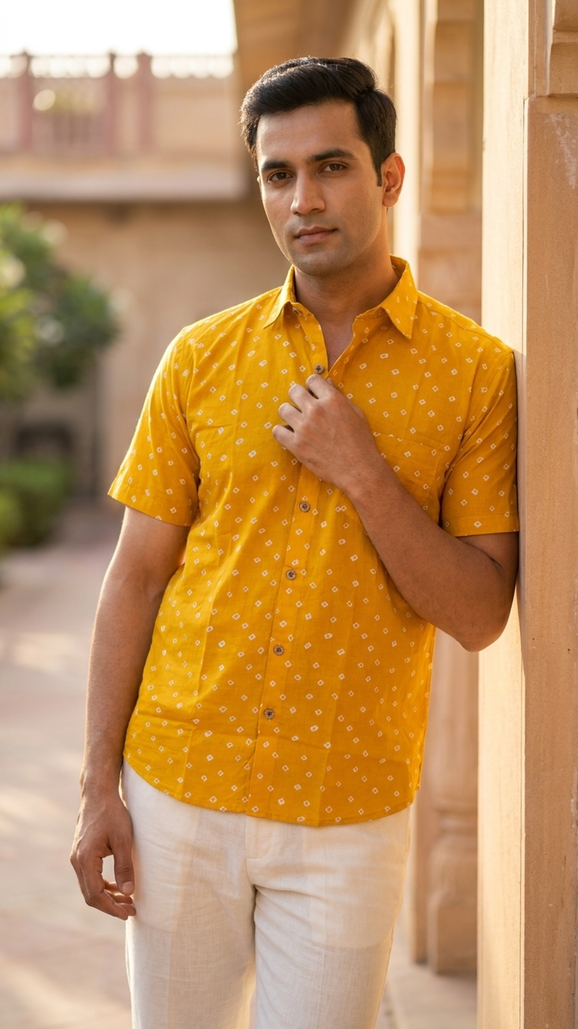 Yellow Bandhej Dot Printed Mens Half Sleeves Shirt