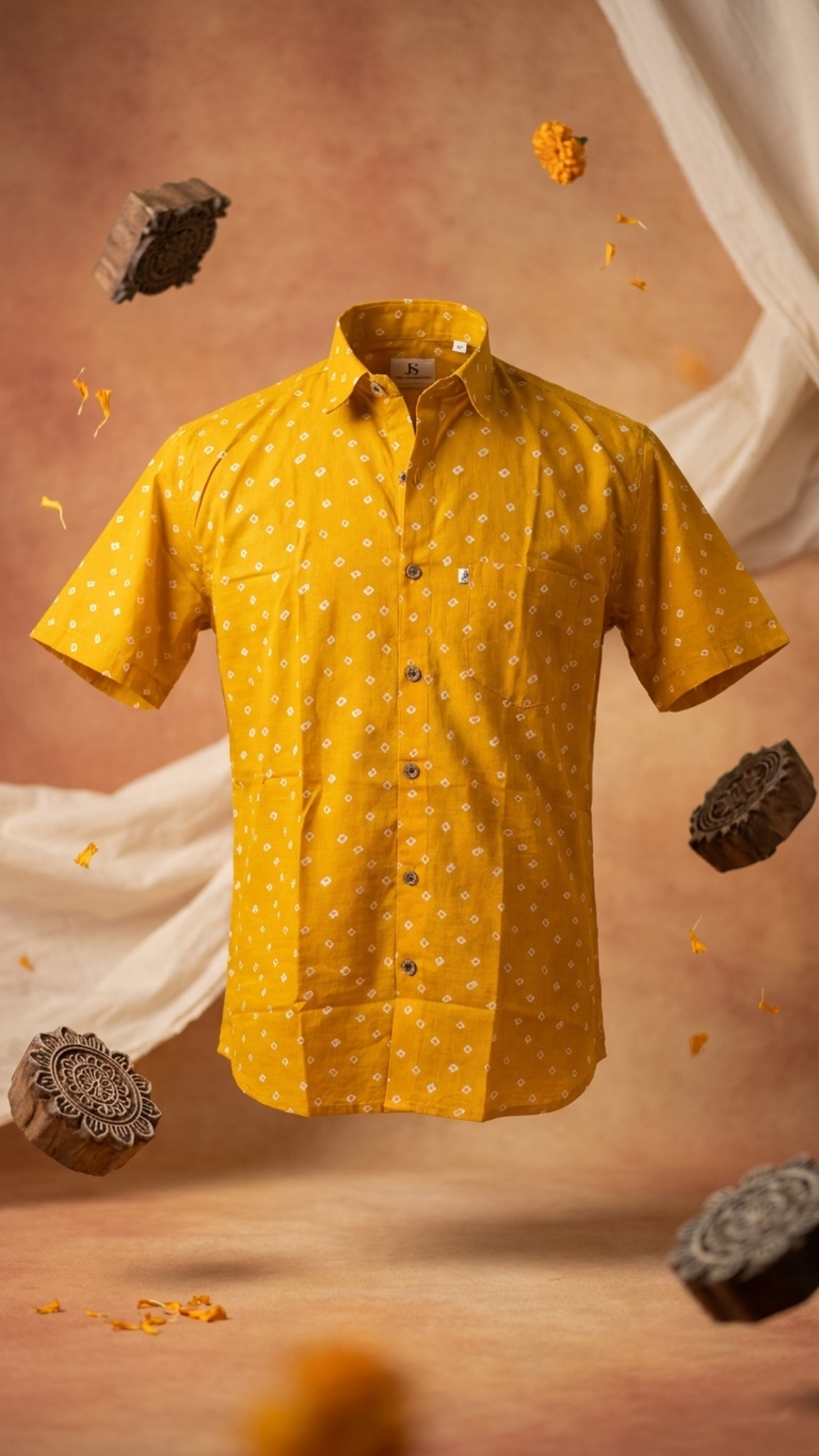 Yellow Bandhej Dot Printed Mens Half Sleeves Shirt